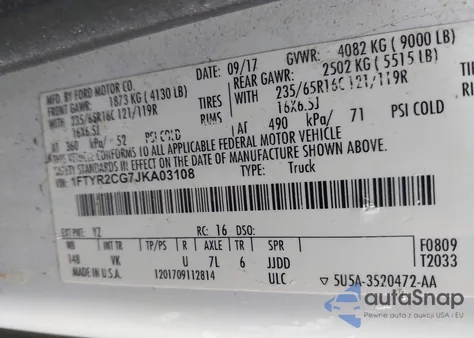 2018 Ford Transit-250 z USA, uszkodzony, nr VIN 1FTYR2CG7JKA03108